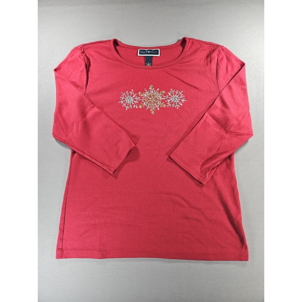 Karen Scott Women's Large Red Snowflake Rhinestone 3/4 Sleeve Holiday Top L
